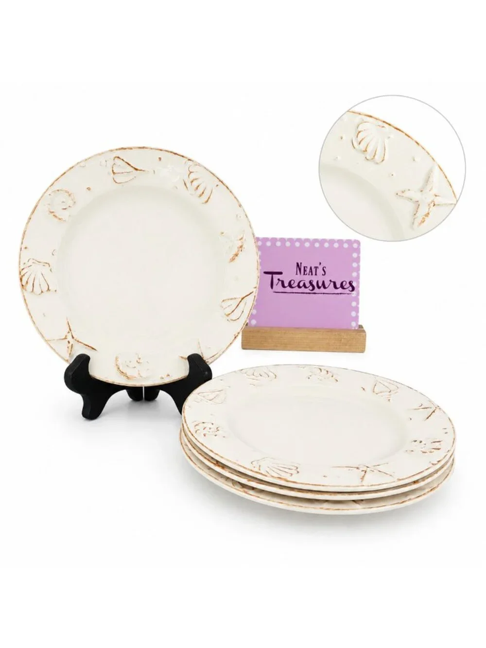 Thomson Pottery HAMPTON Seashell Embossed Rustic White Lunch Salad Plates Set 4